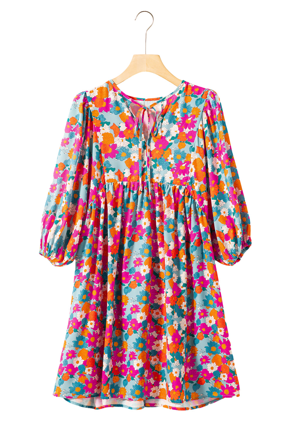 Sky Blue Floral Print Tie Split Neck Bubble Sleeve Babydoll Dress Floral Dresses JT's Designer Fashion