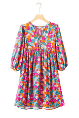 Sky Blue Floral Print Tie Split Neck Bubble Sleeve Babydoll Dress Floral Dresses JT's Designer Fashion