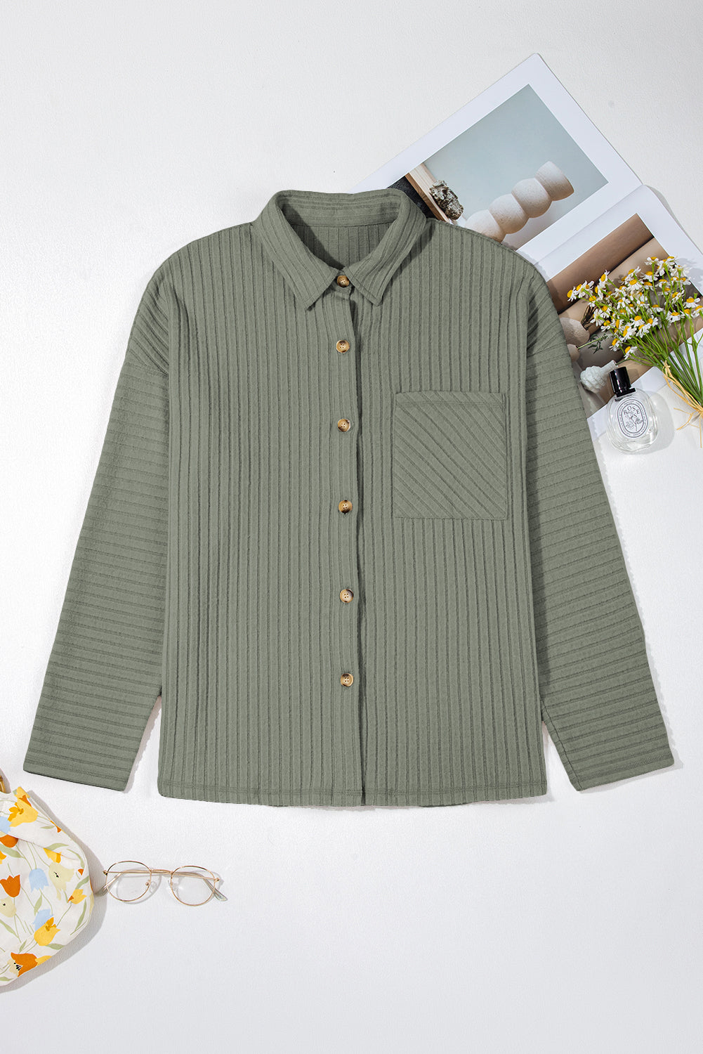 Mist Green Thermal Ribbed Texture Drop Shoulder Button Up Shacket Jackets JT's Designer Fashion