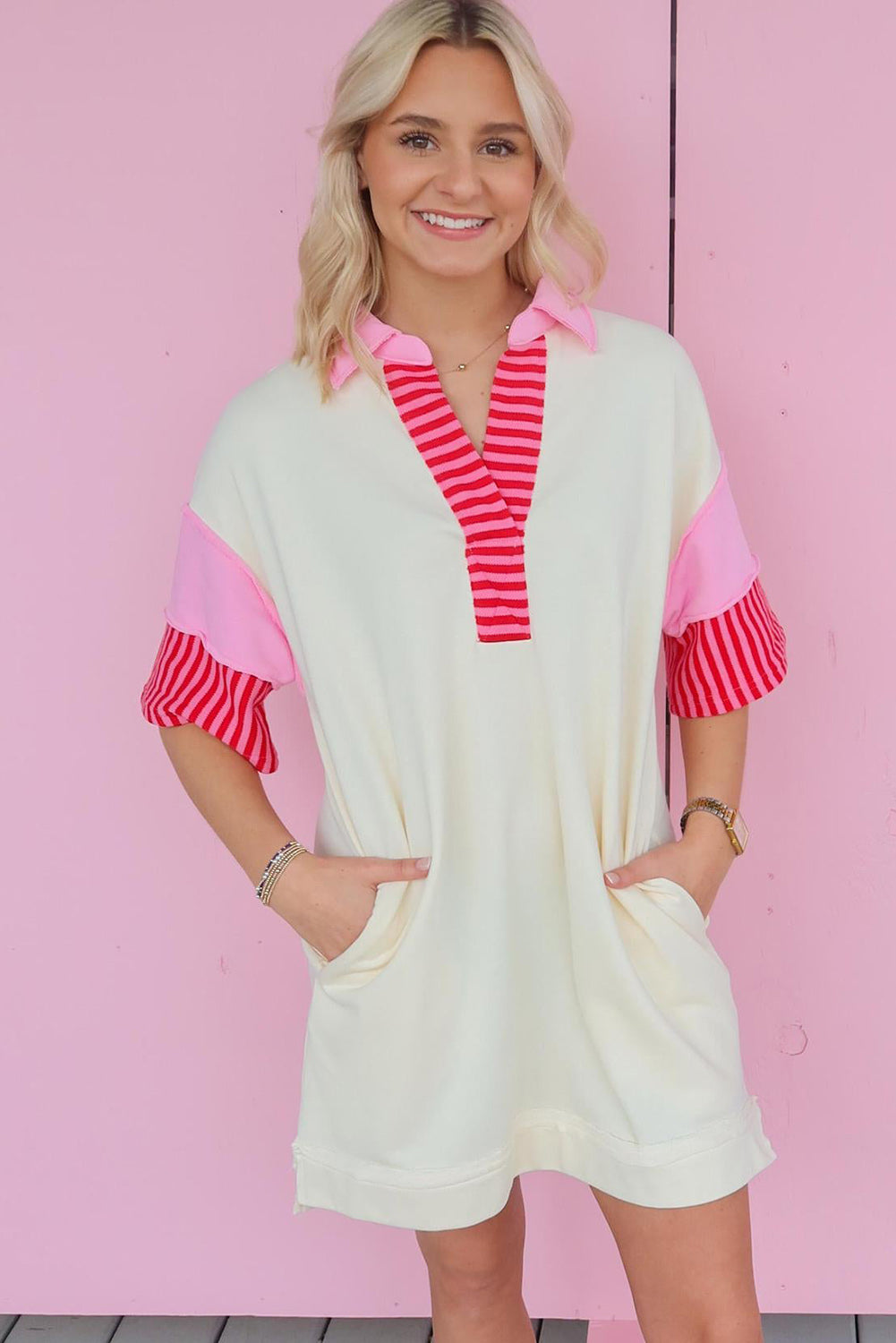 White Stripe Colorblock Short Sleeve Collared Mini Dress Dresses JT's Designer Fashion