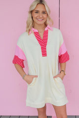 White Stripe Colorblock Short Sleeve Collared Mini Dress Dresses JT's Designer Fashion