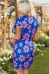 Purple Floral Striped Quarter Zip Cap Sleeve Drawstring Waist Mini Dress Floral Dresses JT's Designer Fashion