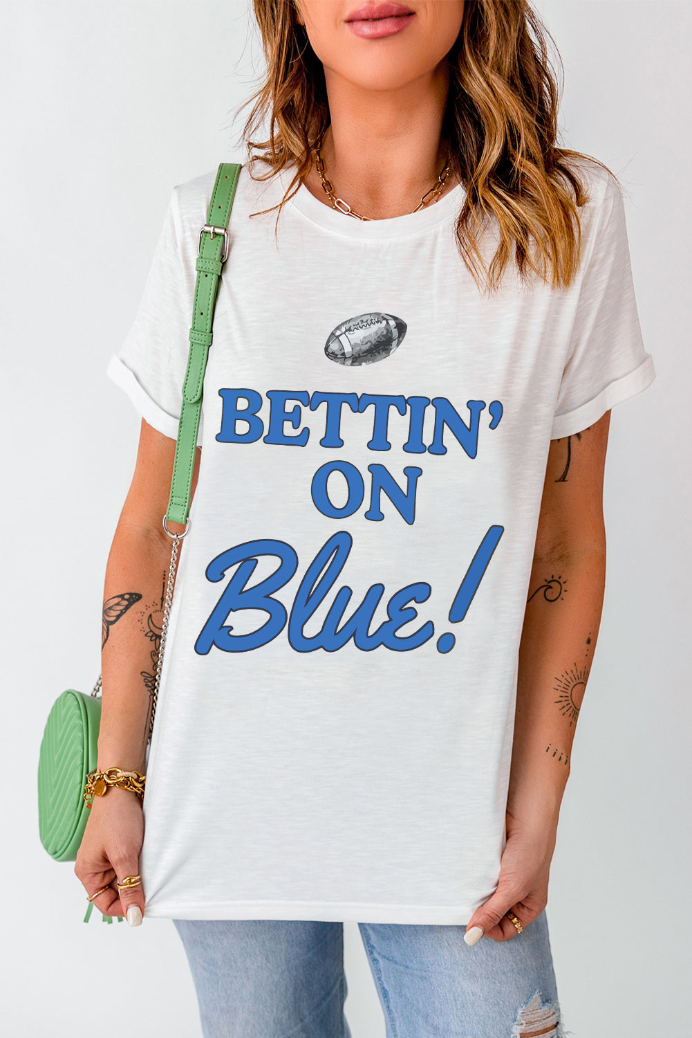 White Rugby Football BETTIN ON Blue Graphic Crewneck T Shirt Graphic Tees JT's Designer Fashion