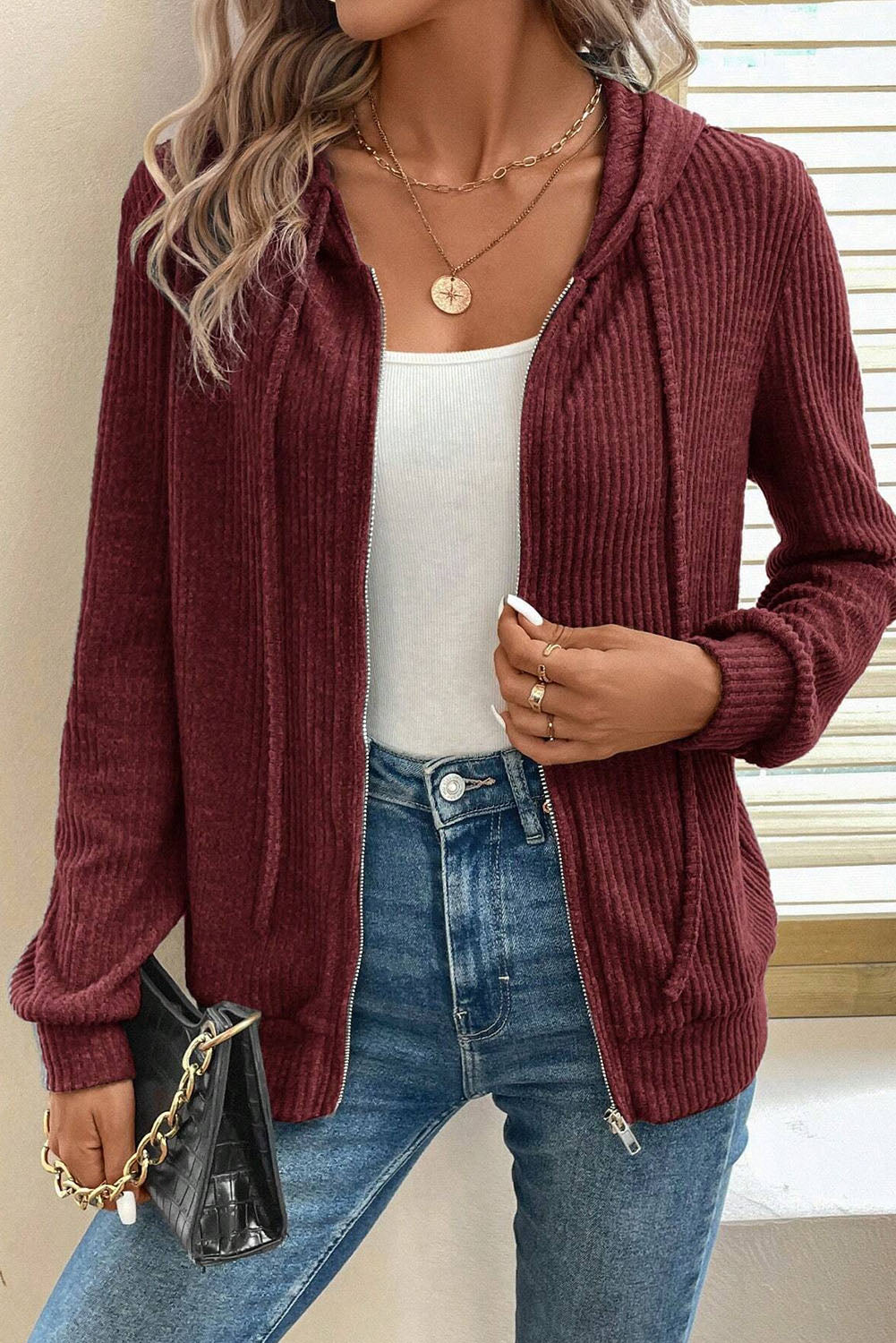Red Dahlia Ribbed Zip Up Front Drawstring Hoodie Sweatshirts & Hoodies JT's Designer Fashion