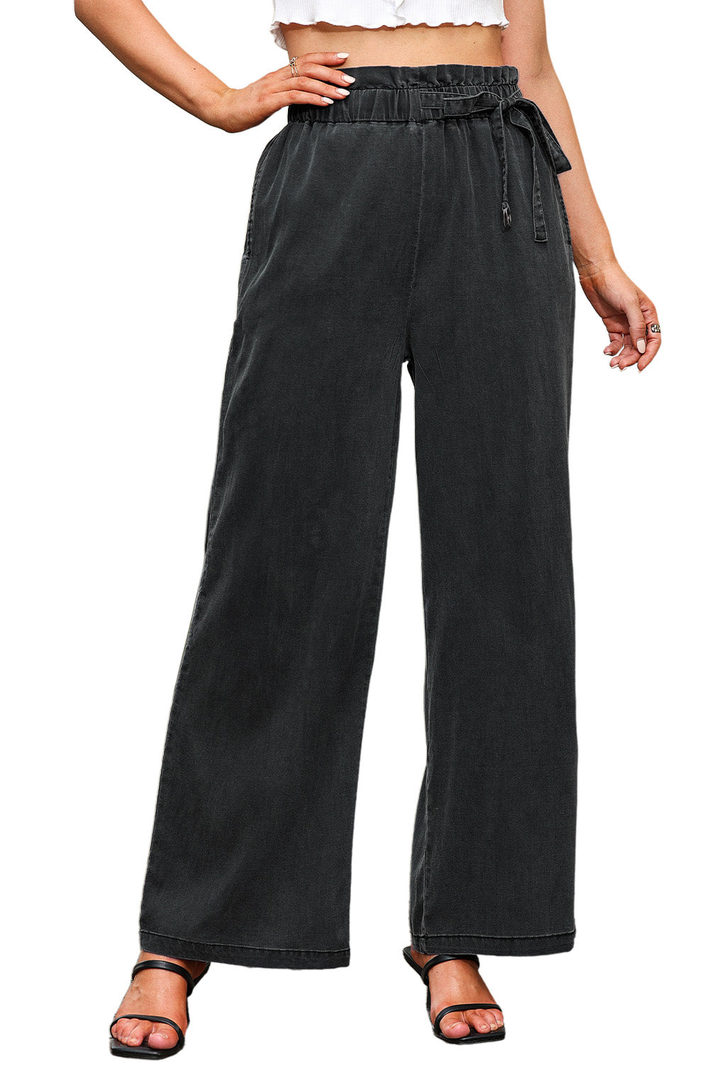 Black High Waist Pocketed Wide Leg Tencel Jeans Jeans JT's Designer Fashion
