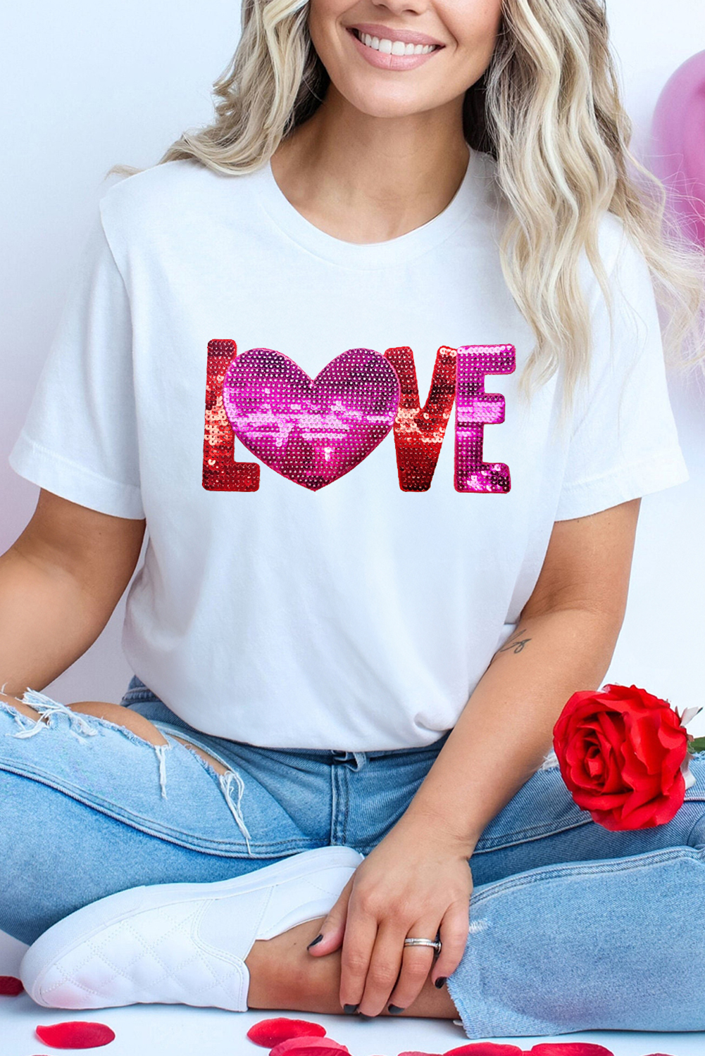 White Heart LOVE Patched Pattern Crewneck Valentines T Shirt Graphic Tees JT's Designer Fashion