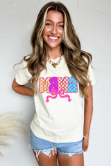 White MAMA Checkered Bow Knot Print Crewneck T Shirt Graphic Tees JT's Designer Fashion