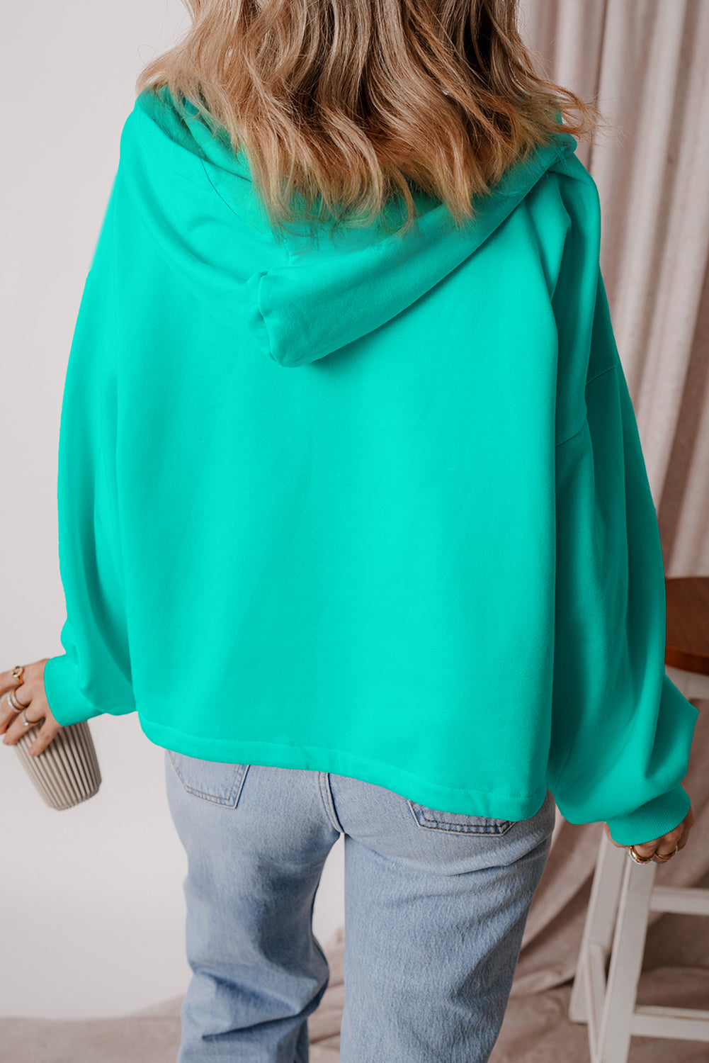 Aruba Blue Fleece Lined Half Zipper Kangaroo Pockets Loose Hoodie Sweatshirts & Hoodies JT's Designer Fashion