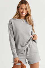 Gray Textured Long Sleeve Top and Drawstring Shorts Set Short Sets JT's Designer Fashion
