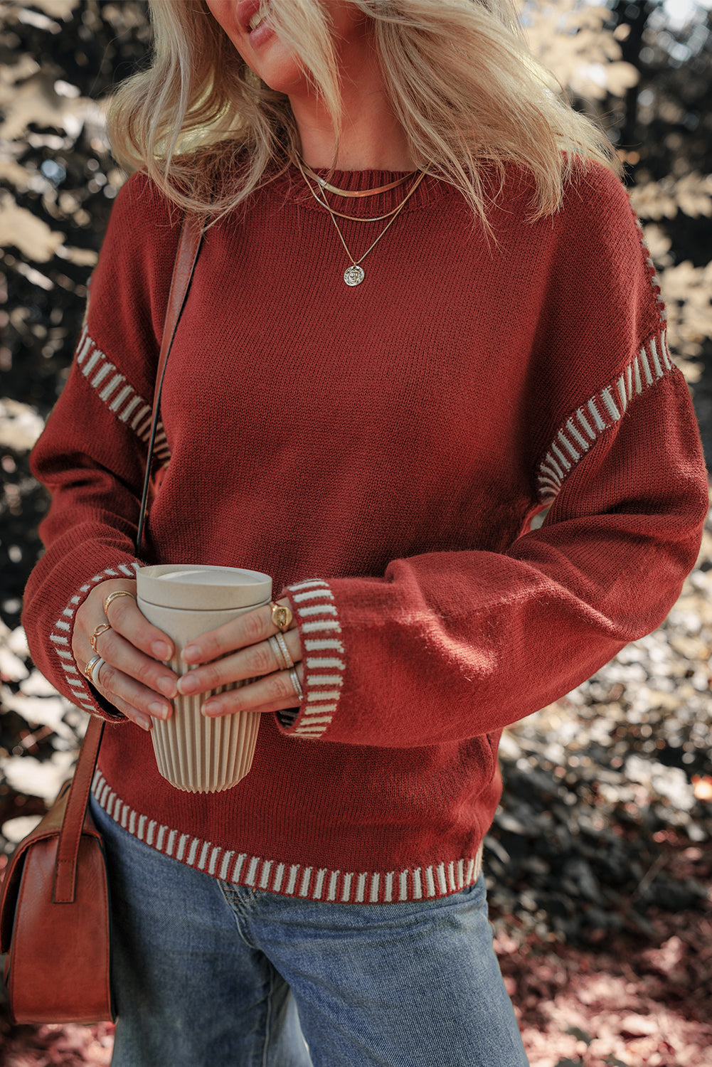 Red Dahlia Color Contrast Trim Drop Shoulder Crew Neck Sweater Sweaters JT's Designer Fashion