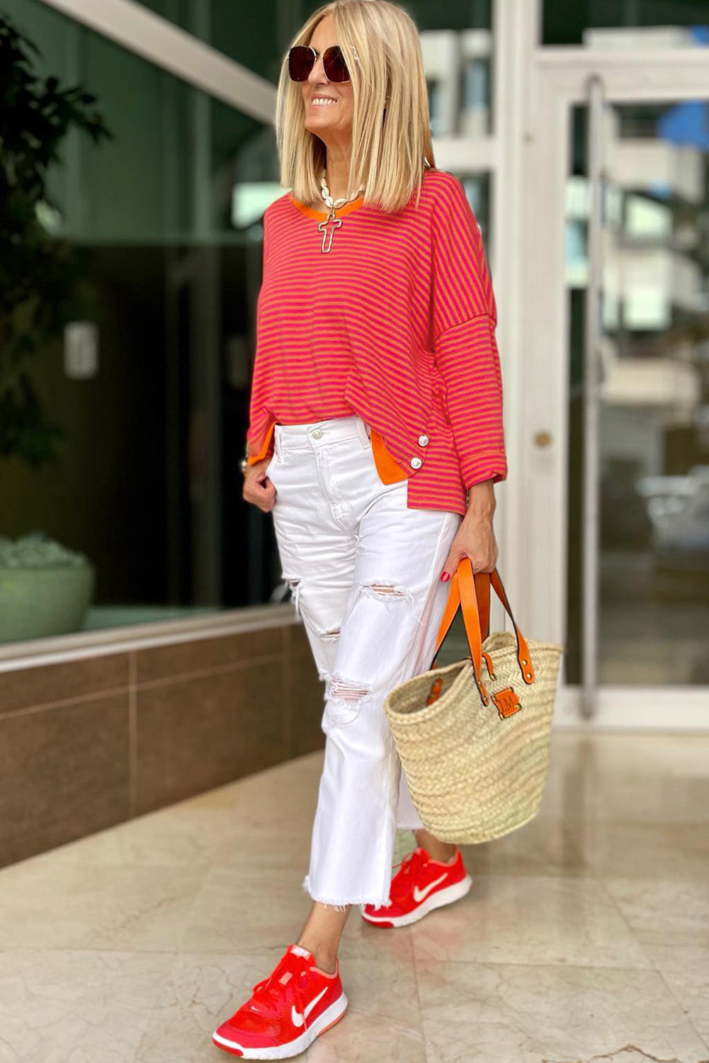 Tomato Red Two Tone Striped Side Buttons Drop Shoulder Top Long Sleeve Tops JT's Designer Fashion