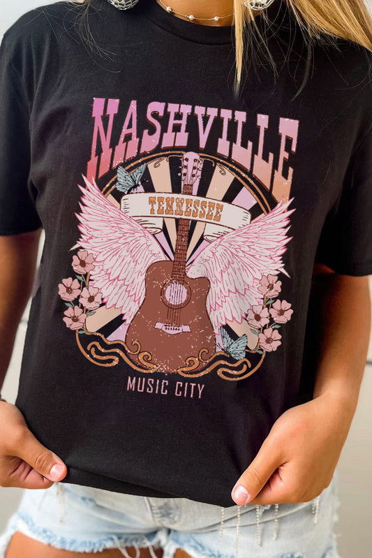 Black NASHVILLE Music City Graphic Print Short Sleeve Top Graphic Tees JT's Designer Fashion