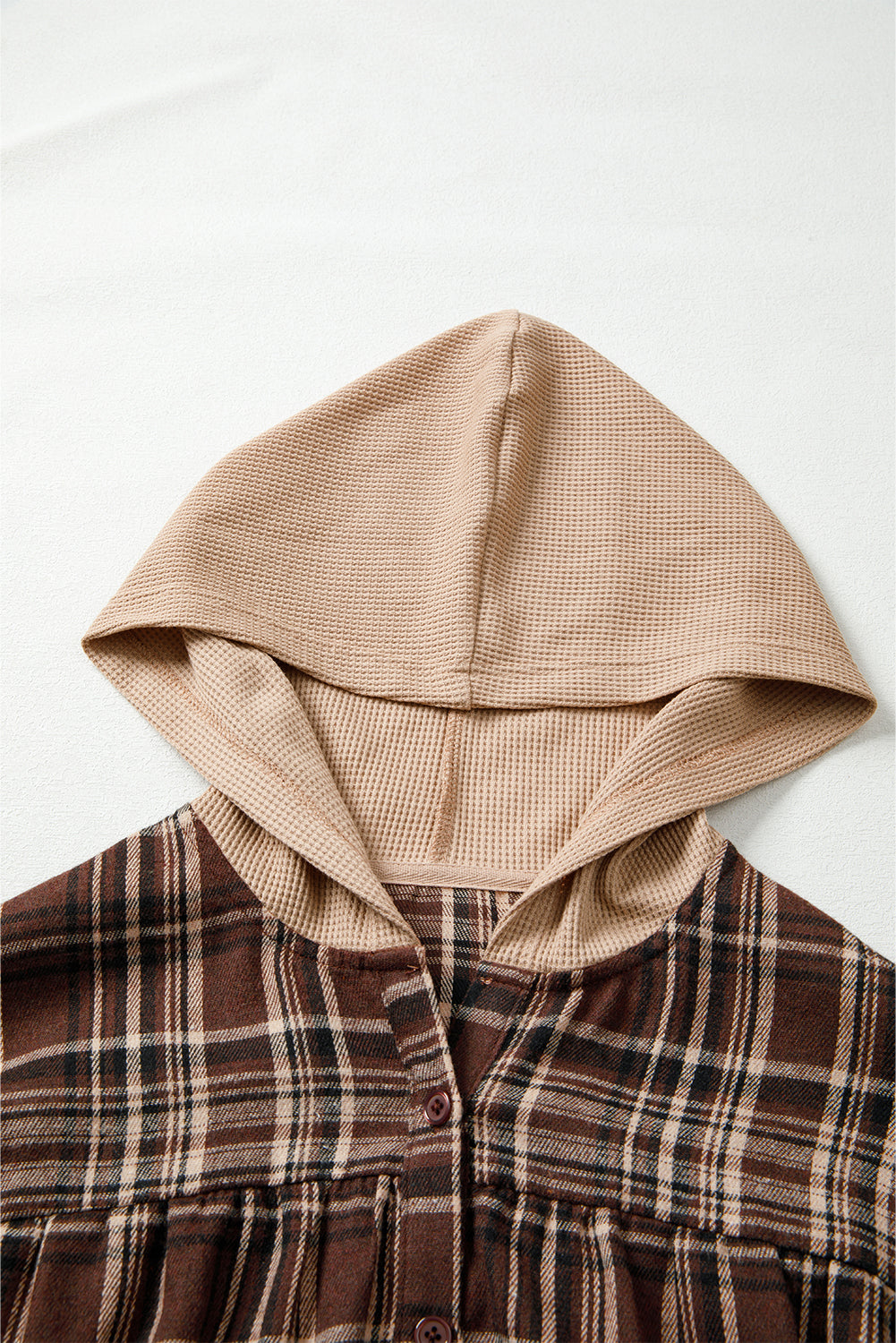 Brown Plaid Patchwork Long Sleeve Button Hooded Blouse Blouses & Shirts JT's Designer Fashion