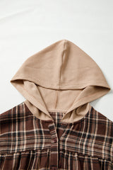 Brown Plaid Patchwork Long Sleeve Button Hooded Blouse Blouses & Shirts JT's Designer Fashion