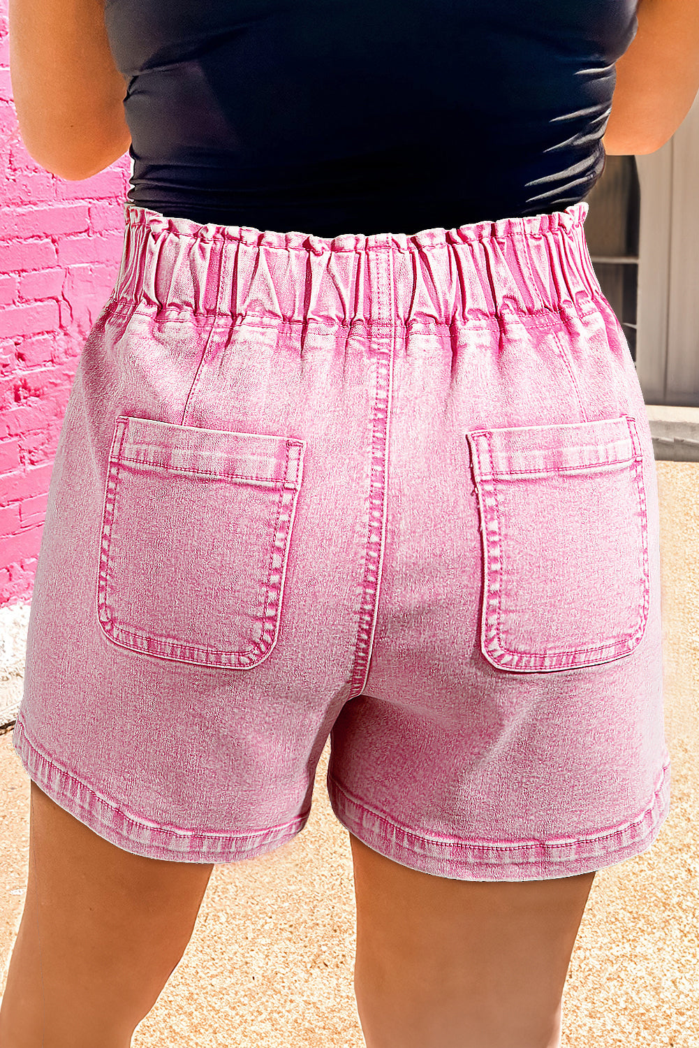 Strawberry Pink Elastic High Waisted Denim Shorts Denim Shorts JT's Designer Fashion