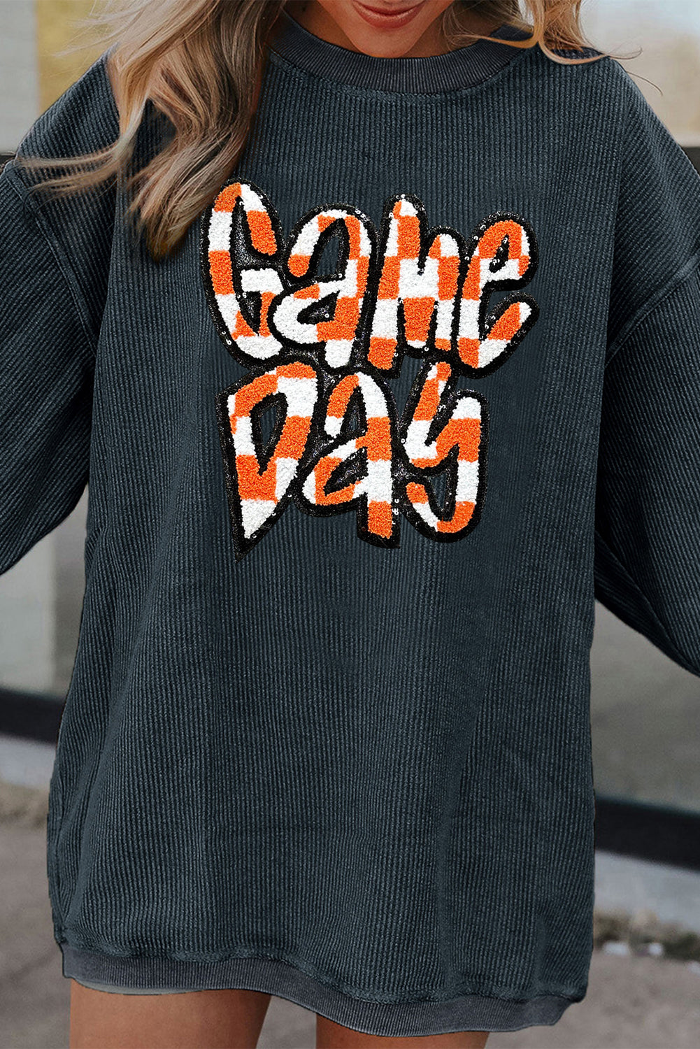 Dark Grey Chenille Checkered Game Day Graphic Drop Shoulder Corded Sweatshirt Graphic Sweatshirts JT's Designer Fashion