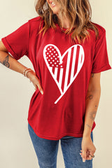 Red USA Flag Heart Shape Crew Neck Graphic T Shirt Graphic Tees JT's Designer Fashion