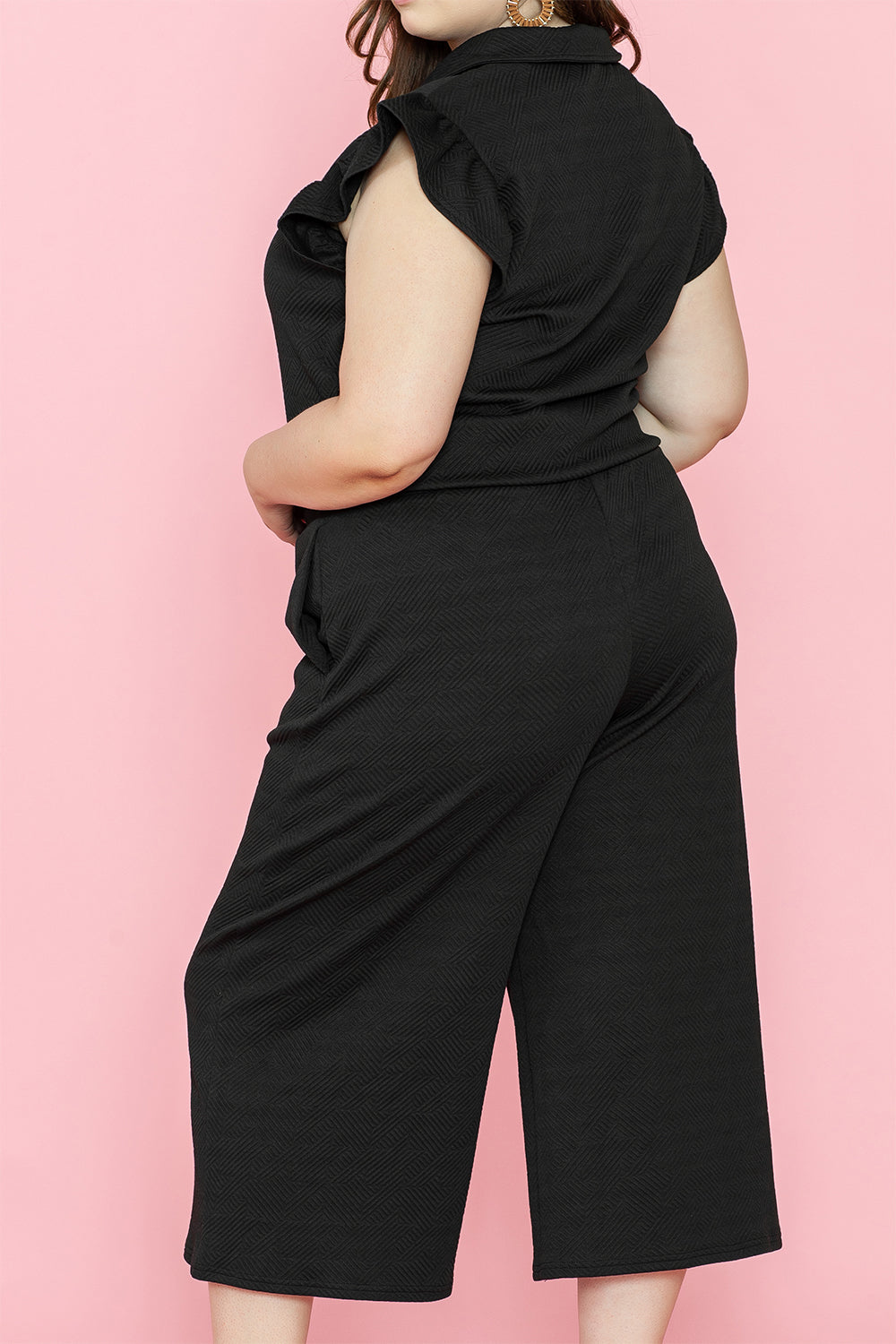 Black Plus Ruffled Sleeve Quarter Zip Top Wide Leg Pants Set Plus Size Bottoms JT's Designer Fashion