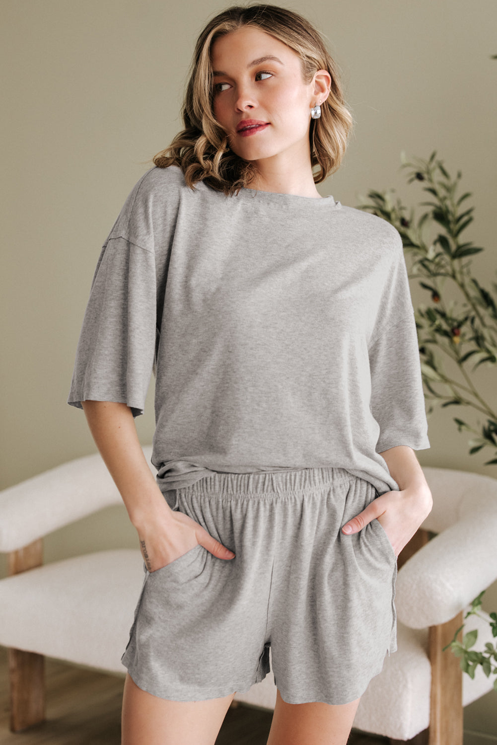 Gray Solid Color Loose Tee 2 Piece Shorts Set Short Sets JT's Designer Fashion
