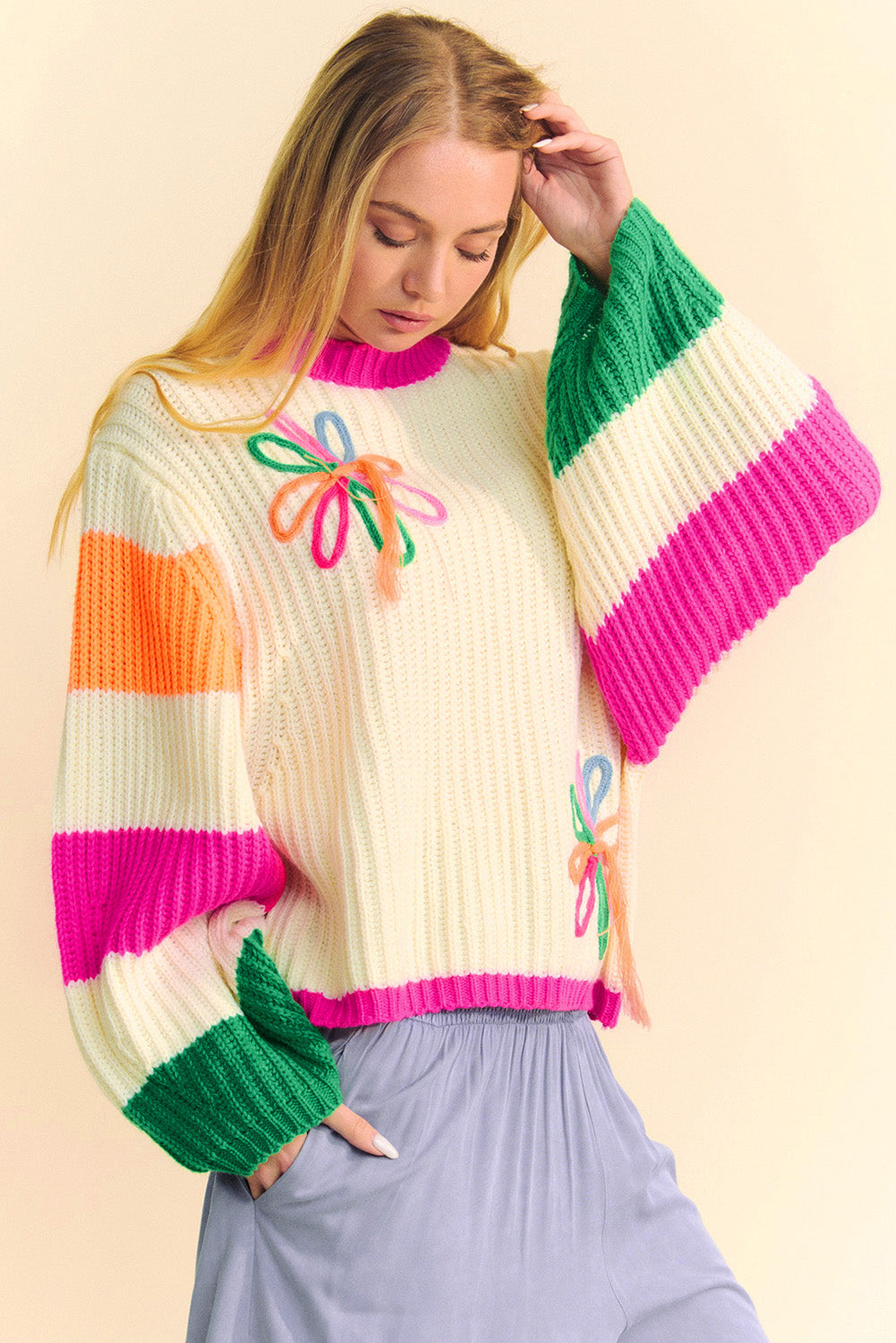 Beige Colorblock Flower Print Cable Knit Loose Sweater Sweaters JT's Designer Fashion