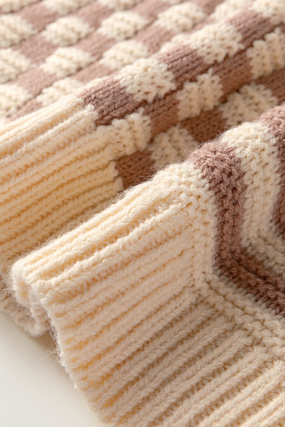 Khaki Stripe Checkerboard Drop Shoulder Balloon Sleeve Sweater Sweaters JT's Designer Fashion