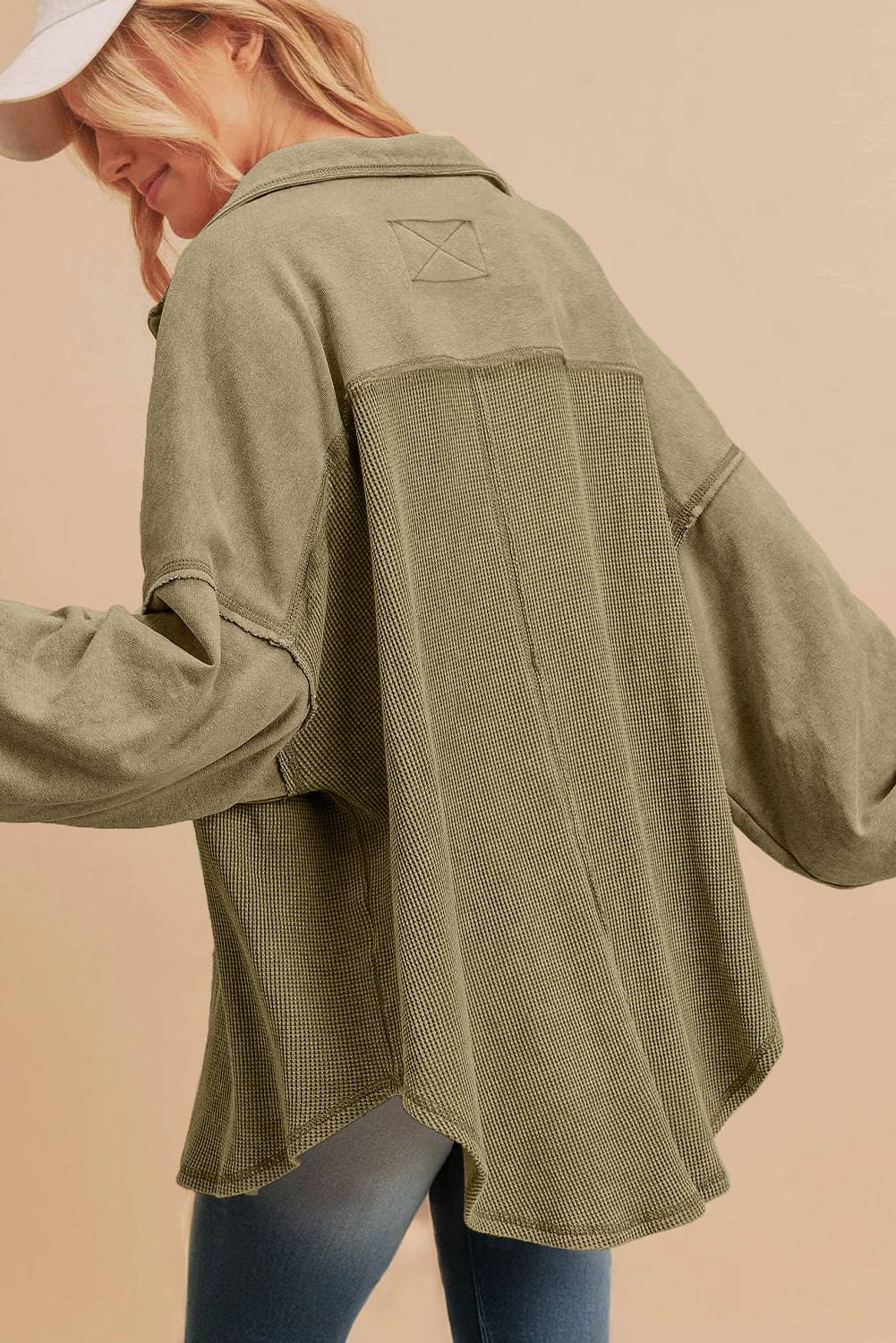 Moss Green Waffle Knit Patchwork Buttoned Oversized Shacket Jackets JT's Designer Fashion