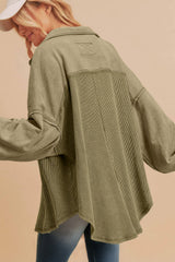 Moss Green Waffle Knit Patchwork Buttoned Oversized Shacket Jackets JT's Designer Fashion