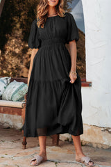 Black Puff Sleeve Pleated High Waist Flowy Long Dress Black 100%Polyester Maxi Dresses JT's Designer Fashion