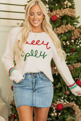 Beige Tinsel Holly Jolly Graphic Classic Sweater Sweaters JT's Designer Fashion