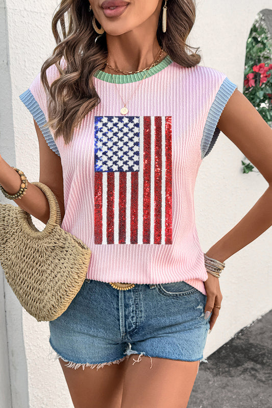 Pink Colorblock Edge Twisted Rib Texture Sequin American Flag Casual T Shirt Graphic Tees JT's Designer Fashion