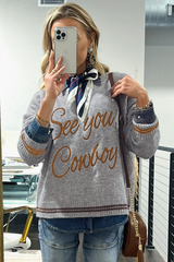 Light Grey See You Cowboy Embroidered Western Graphic Sweater Sweaters JT's Designer Fashion