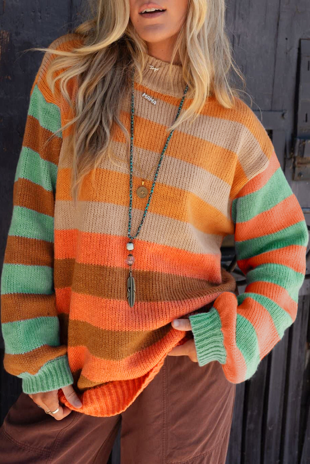 Orange Stripe Color Block High Neck Drop Shoulder Cozy Sweater Orange Stripe 65%Acrylic+35%Polyamide Sweaters JT's Designer Fashion