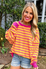 Orange Stripe Trimmed Round Neck Drop Shoulder Loose Sweater Sweaters JT's Designer Fashion
