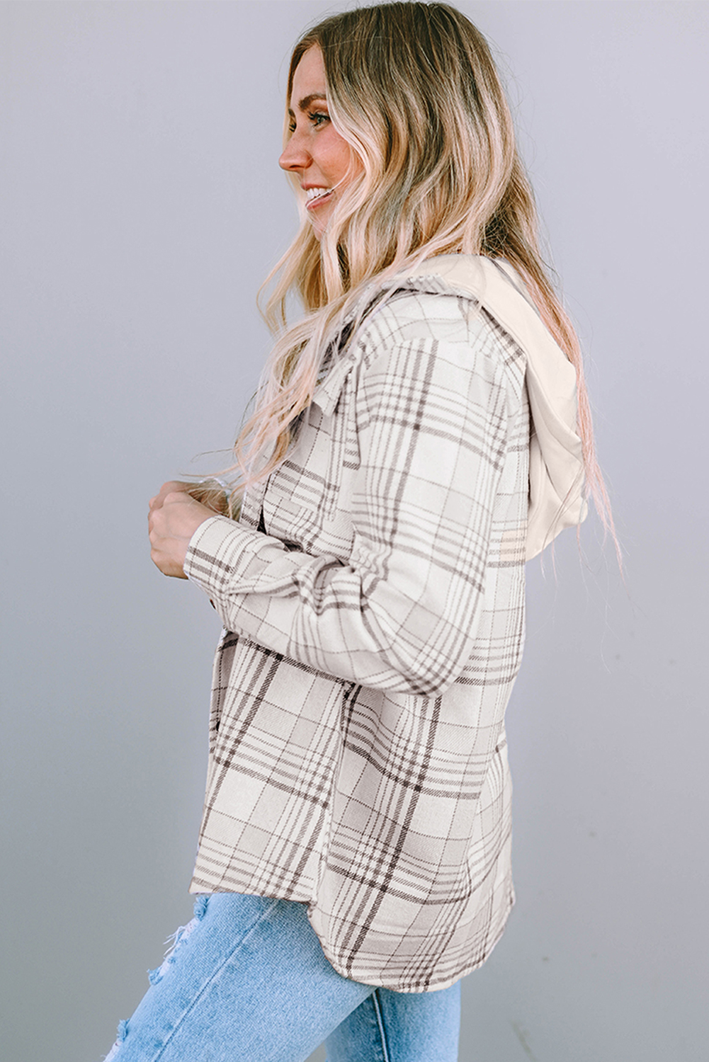Khaki Plaid Removable Hood Buttoned Shacket Plaid Shackets JT's Designer Fashion