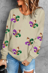 Khaki Sequin Mardi Gras Graphic Pullover Sweatshirt Graphic Sweatshirts JT's Designer Fashion
