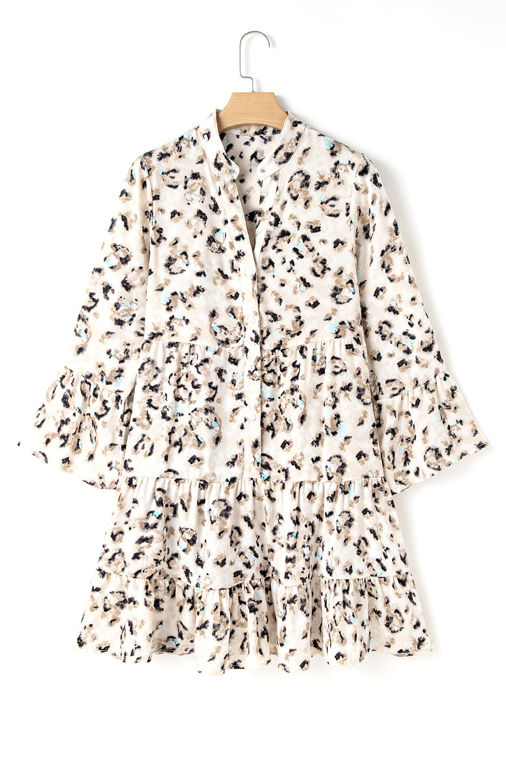 Khaki Leopard Print Buttoned Front 3/4 Sleeve Tiered Ruffled Hem Dress Mini Dresses JT's Designer Fashion