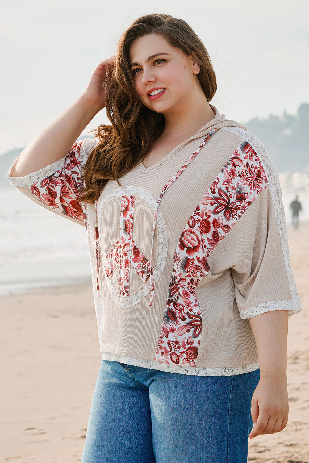 Khaki V Neck Floral Peace Sign Graphic Lace Patch Ribbed Plus Size Hooded Top Plus Size Tops & Tees JT's Designer Fashion