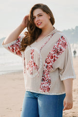 Khaki V Neck Floral Peace Sign Graphic Lace Patch Ribbed Plus Size Hooded Top Plus Size Tops & Tees JT's Designer Fashion