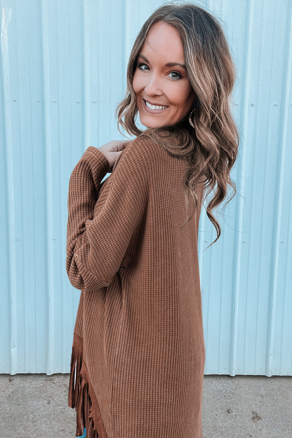 Coffee Waffle Knit Fringed High Low Loose Top Long Sleeve Tops JT's Designer Fashion