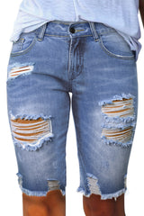 Sky Blue Ripped Tassel Bermuda Denim Shorts Denim Shorts JT's Designer Fashion