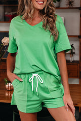 Mint Green V Neck Drop Shoulder Tee and Patchwork Drawstring Elastic Waistband Shorts Set Short Sets JT's Designer Fashion