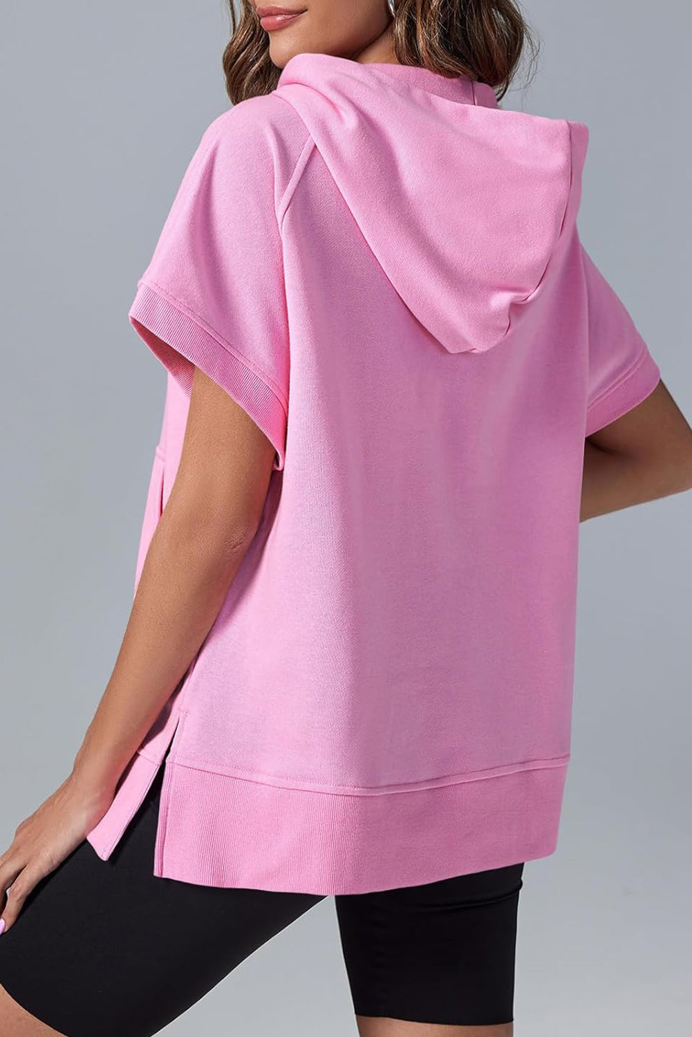Bonbon Half Zipper Kangaroo Pocket Short Sleeve Hoodie Sweatshirts & Hoodies JT's Designer Fashion