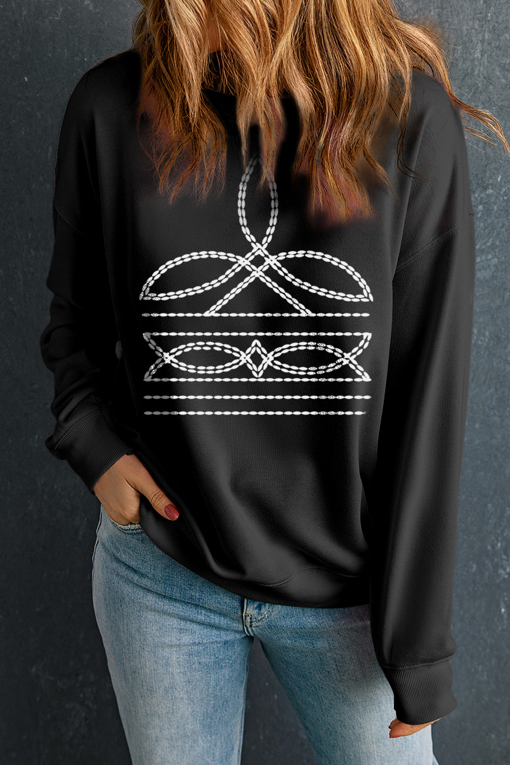 Black Western Pattern Print Round Neck Pullover Sweatshirt Graphic Sweatshirts JT's Designer Fashion