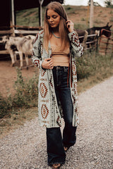 Brown Western Aztec Printed Open Front Long Cardigan Cardigans JT's Designer Fashion