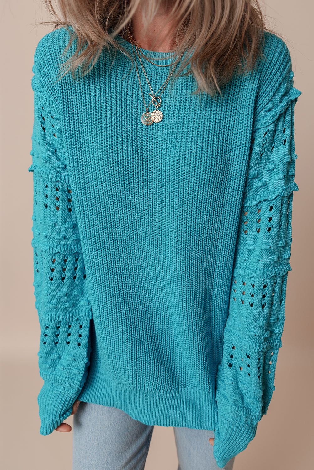 Turquoise Ruffled Eyelet Bubble Sleeve Sweater Sweaters JT's Designer Fashion
