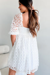 White Floral Lace Puff Sleeve Empire Waist Mini Dress Mini Dresses JT's Designer Fashion