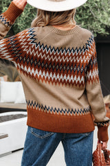 Khaki Aztec Print Colorblock Crew Neck Sweater Sweaters JT's Designer Fashion