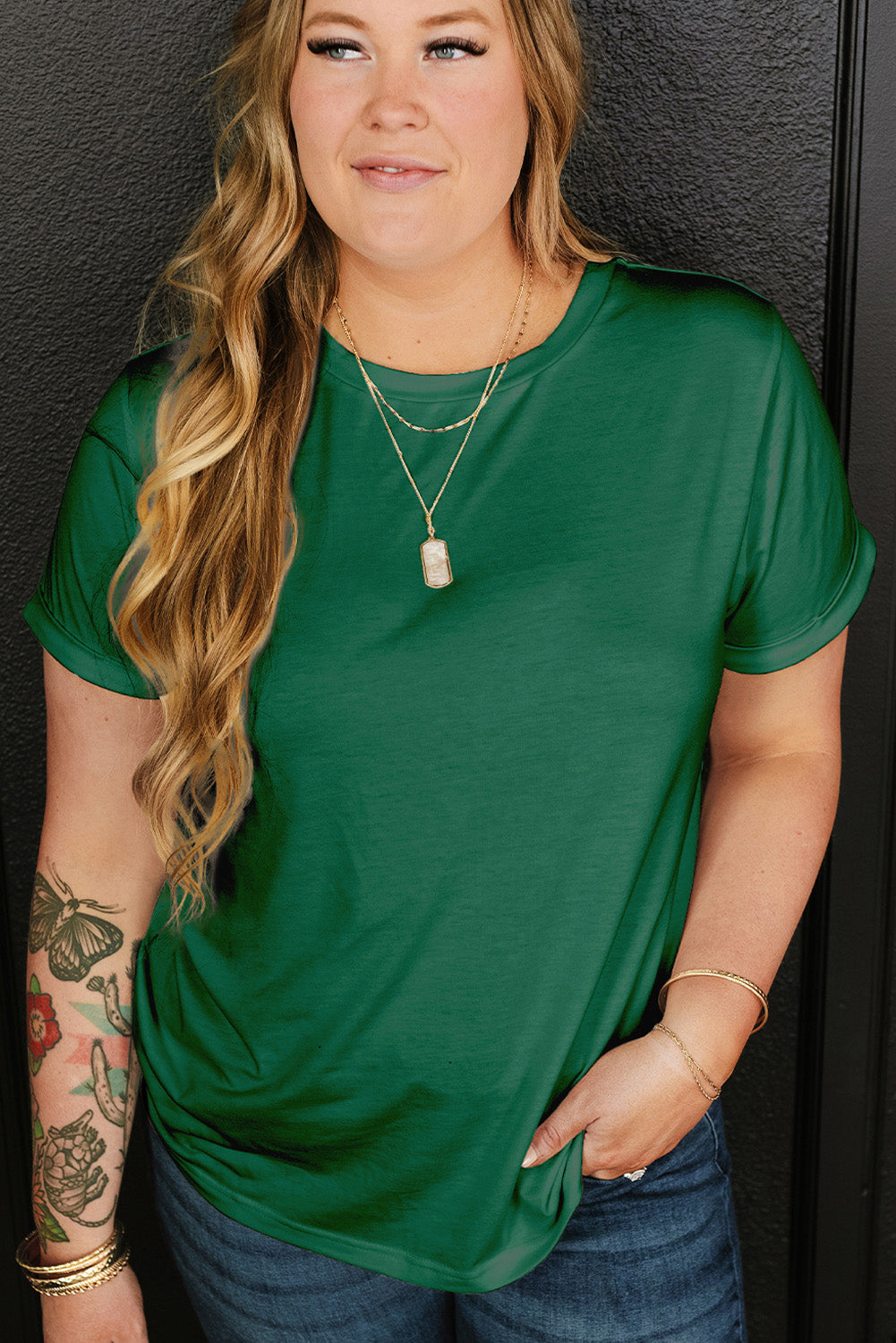 Dark Green Round Neck Rolled Sleeve Plus Size T-shirt Plus Size Tops & Tees JT's Designer Fashion