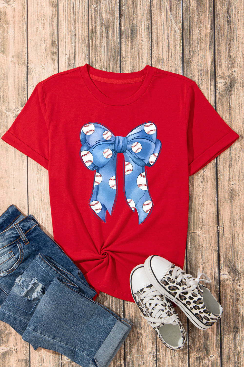 Red Rugby Bowknot Graphic Crew Neck Tee Graphic Tees JT's Designer Fashion
