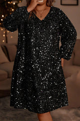 Color black Plus Size Bubble Sleeve V Neck Sequin Dress Plus Size Mini Dresses JT's Designer Fashion